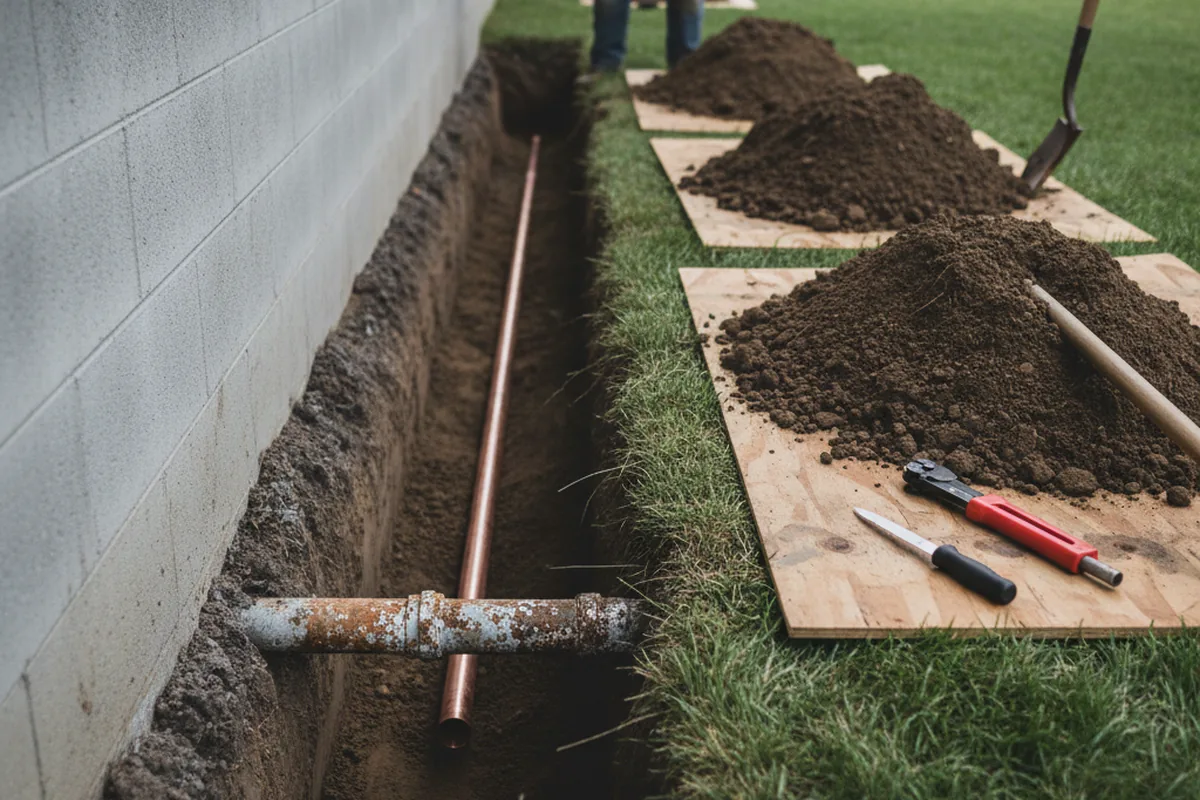 Excavated water line trench during Sewer Line Repair in Congers
